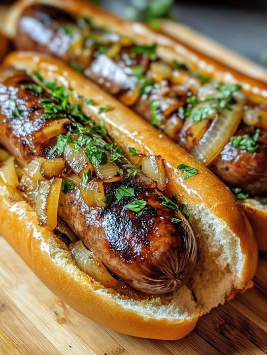 Oven-Braised Beer Brats with Sweet Caramelized Onions